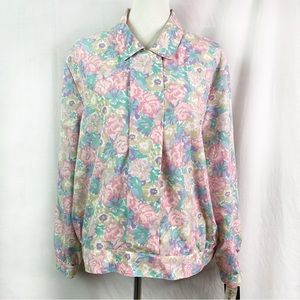 Vintage 80s Pastel Pink Floral Hidden Button Front Long Sleeve Blouse XL